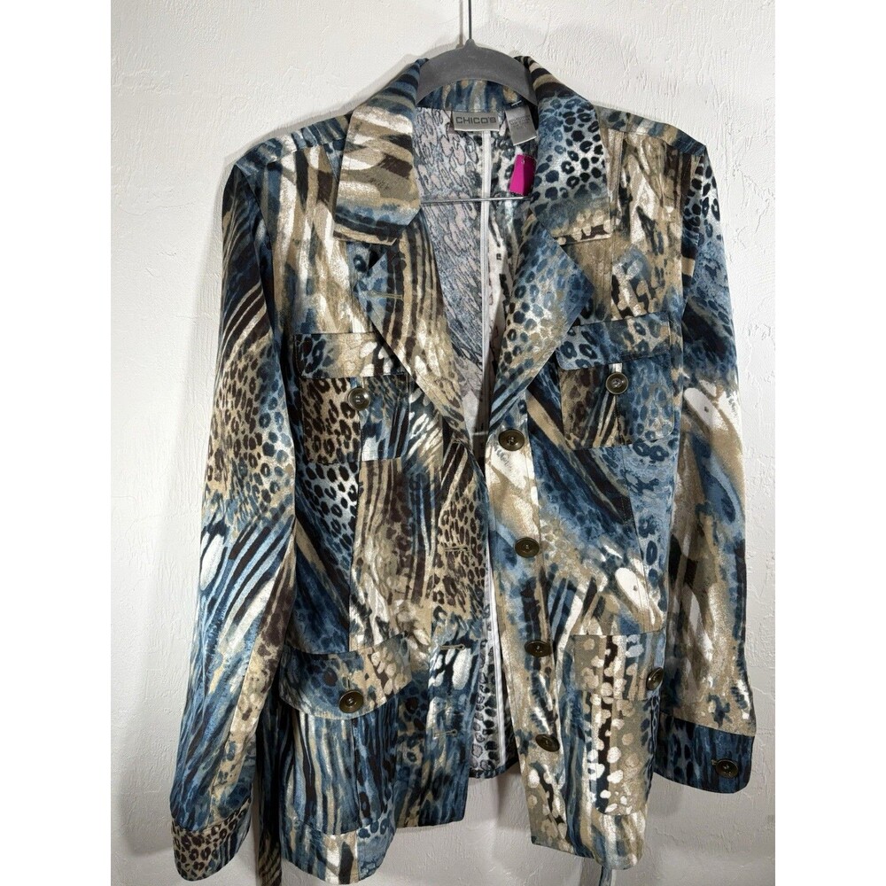 New Chico's Blue Black Tan Light Weight Belt Tie Jacket Size 1 Medium Leopard